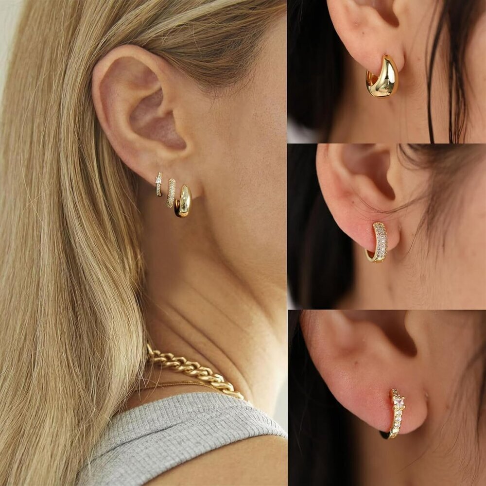 Small Gold Huggie Hoop Earrings Set for Women，Dainty 14K Gold/Silver Plated Twis - Picture 3 of 7